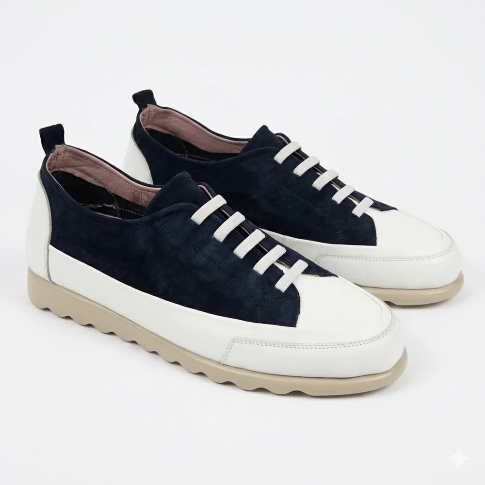 THE FLEXX Women's Navy Suede White Leather Slip On Sneakers Preppy Minimalist